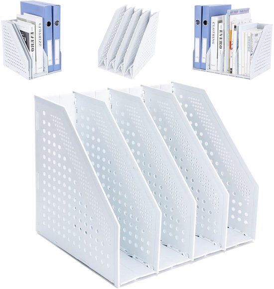 Een set van vier witte, perforerende tijdschriftenhouders in de voorgrond, met in de achtergrond kleinere afbeeldingen van gevulde tijdschriftenhouders.