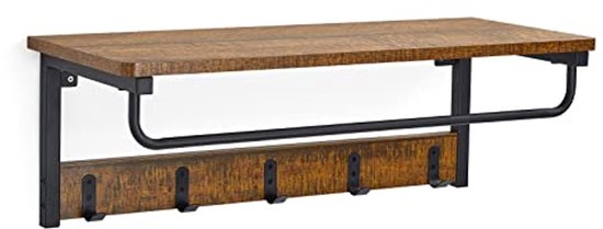 Wandrek met plank en 5 haken in industriële stijl