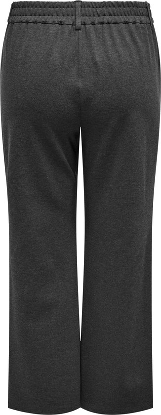 Donkergrijze wijde broek met elastische tailleband, gezien van achteren.