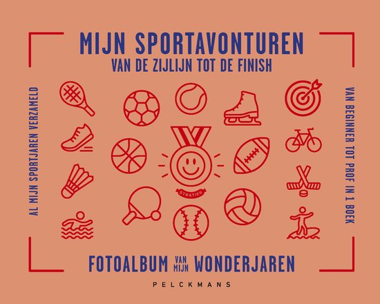 Mijn sportavonturen, een album van lijntekeningen van sportartikelen, zoals tennisrackets, ballen, schaatsen en een medaillewinnaar.