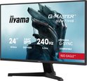 Monitor met aan de voorkant een futuristisch figuur, 'iilymama' en 'G-MASTER G2471HS RED EAGLE' tekst. Specificaties: 24 inch, 240Hz.