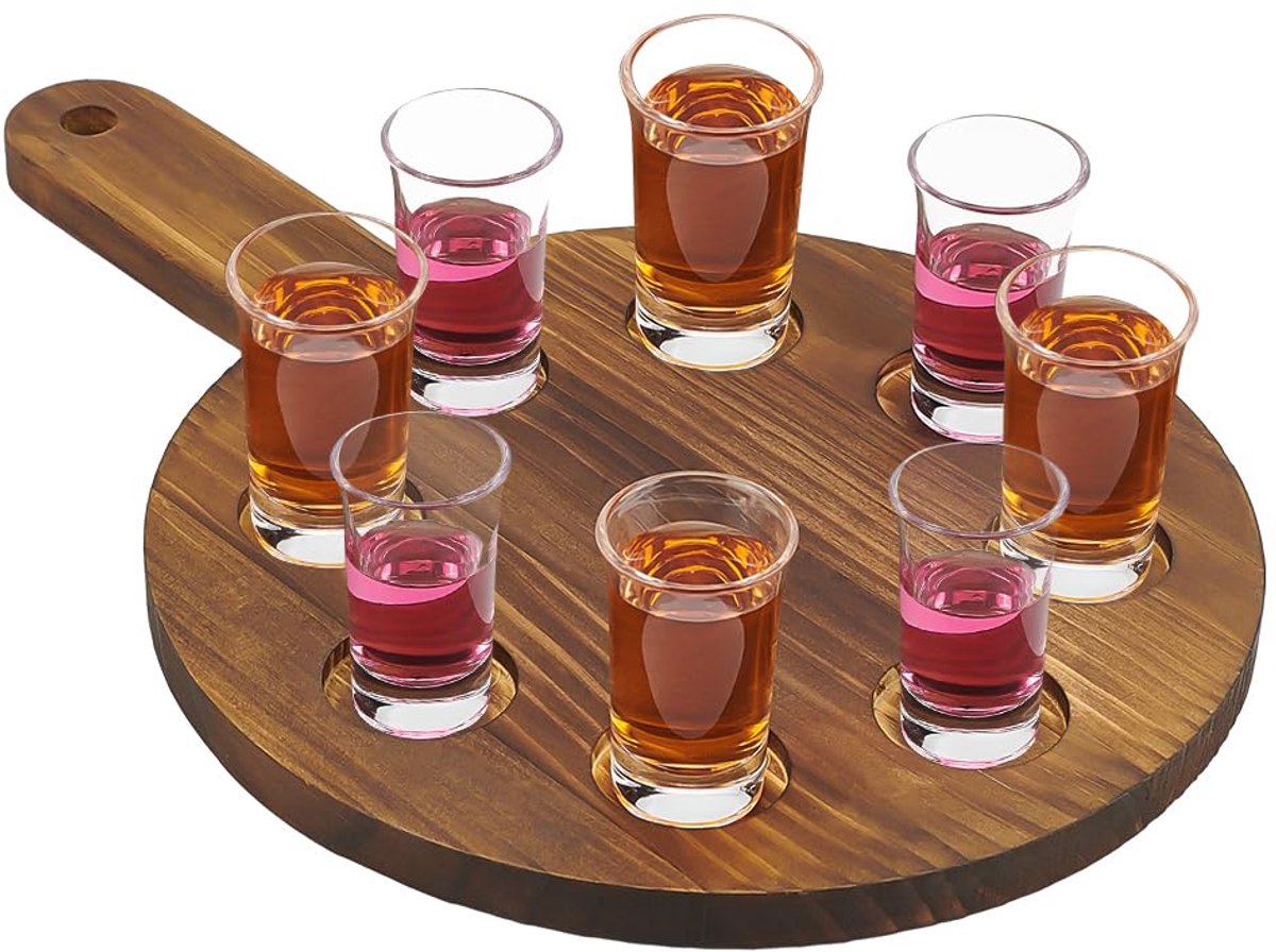 Bier Flight Board bevat 8 glazen houten whisky vluchtpeddel 45 mm slots shotboard dienblad met verbrand hout bier sampler lade shot glas houder (plat rond, zadel bruin)