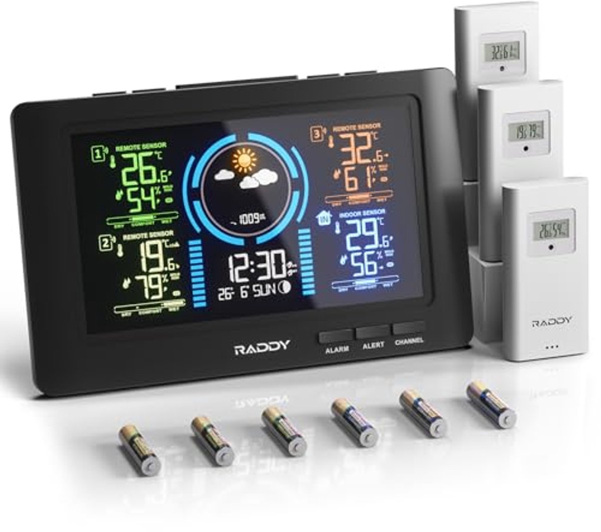Weerstation met 3 buitensensoren | Digitaal kleurendisplay | Thermometer Hygrometer Barometer | DCF-radioklok | Weersvoorspelling