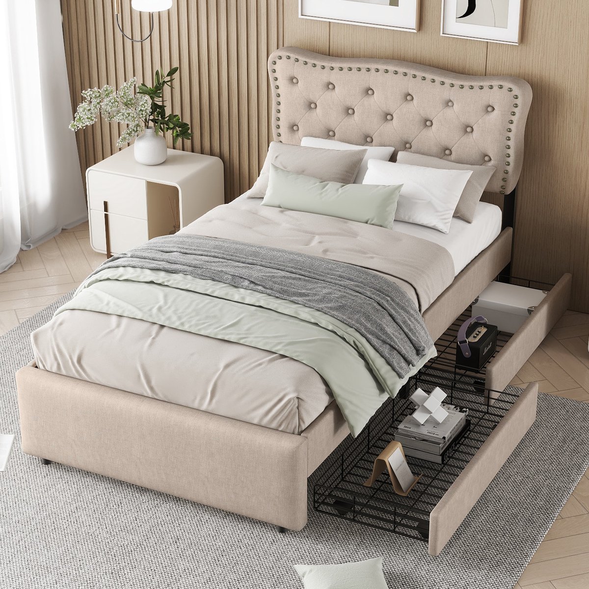 SINGULARITY-Bed 90 x 200 cm- gestoffeerd bed- nachtkastje bekleed met decoratieve klinknagels- dubbele lades- donkerbeige- zonder matras