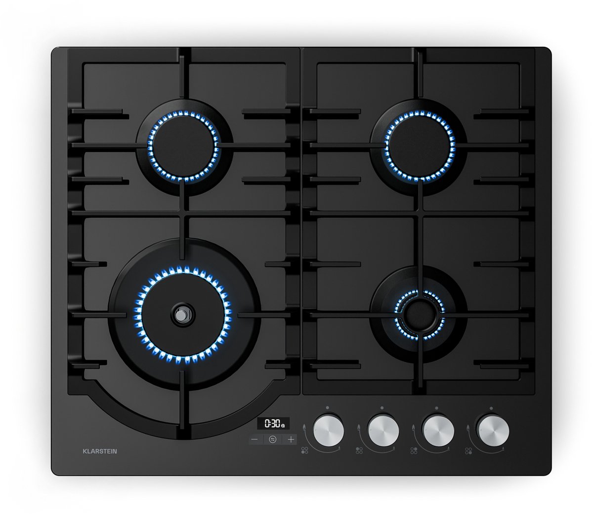Klarstein Ignito gaskookplaat, 4 pitten, aluminium, 8000 W, timer en temperatuurregeling, vlambeveiliging, gietijzeren pannendragers, LPG/aardgas, 60 x 51 cm, warmhoudplaat, zwart