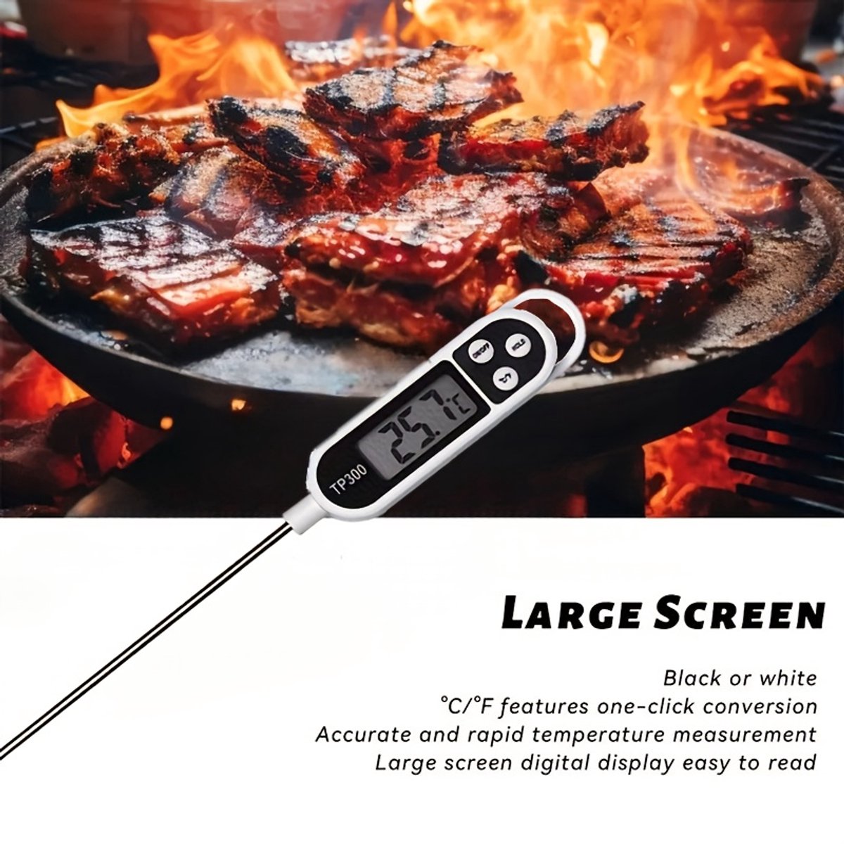 Livé® Digitale Vleesthermometer – LCD Scherm – Direct Afleesbaar – RVS Sonde – BBQ Grill Oven Koken