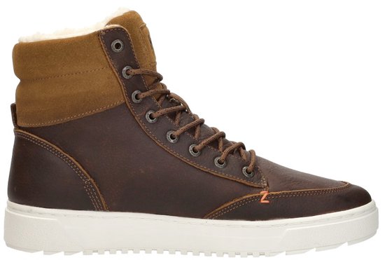 Bruine leren hoge sneaker met suède accenten, witte zool, bruine veters en crème/witte teddy voering.