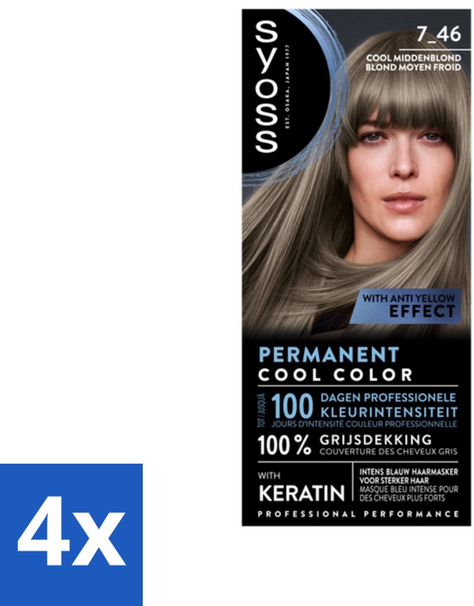 4 x SYOSS - Coloration 7-46 Cool Middenblond - Haarverf - Grijsdekking - Vermindert Haarbreuk - Permanente Haarkleuring - Haarkleur - Grijsdekking - Keratine - Haarmasker
