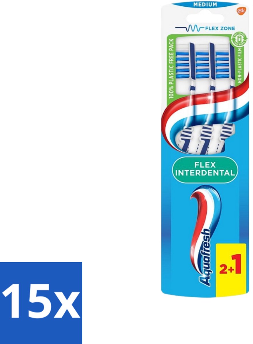 15 x Aquafresh Tandenborstel Flex Interdental Medium 3 stuks per verpakking - Tandenborstel - Tandenborstel Flex - Interdentale Reiniging - Tandplak Verwijderen - Mondhygiëne