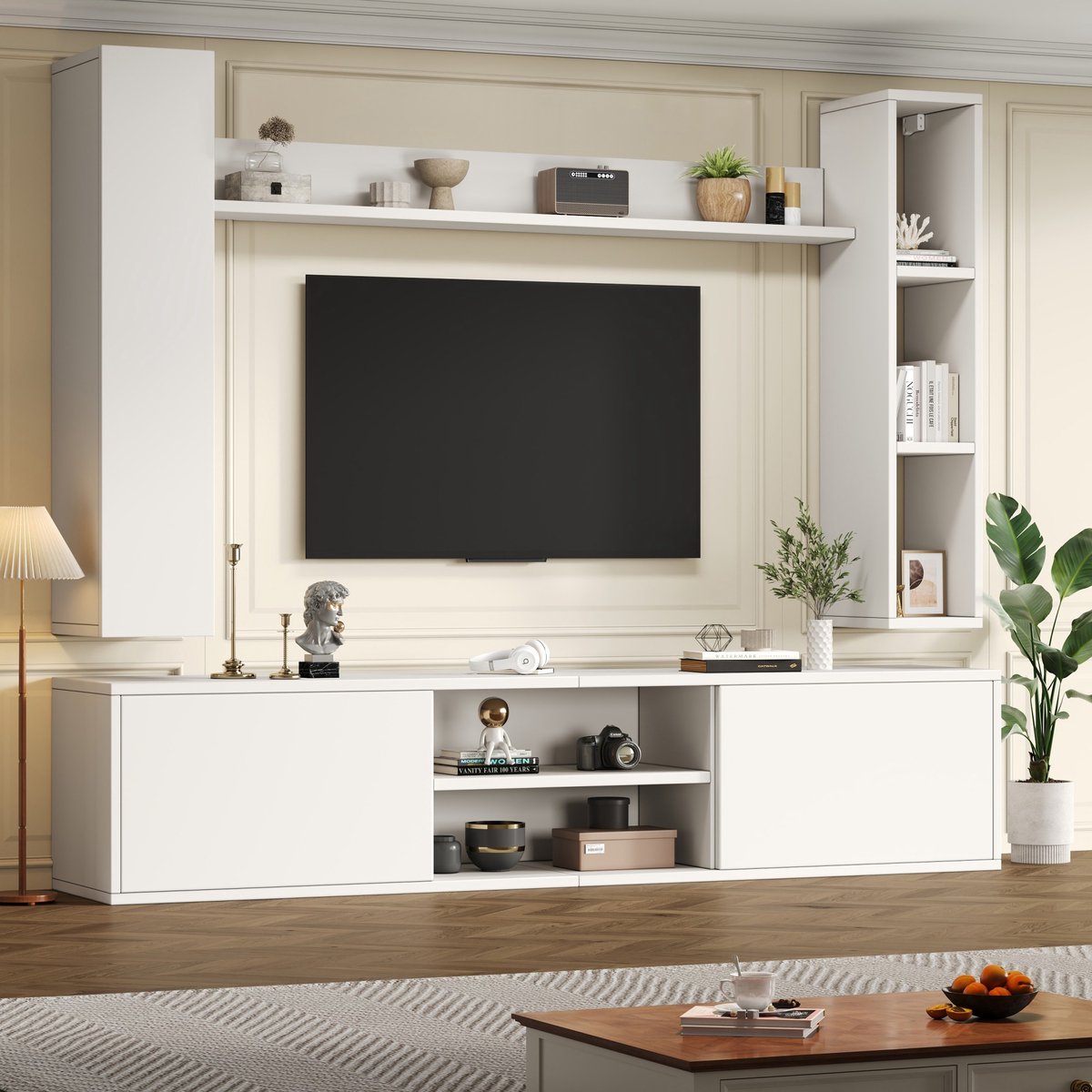 PHOEBE CAT TV-meubel set - 180 x 35 x 33.5 cm - Met 2 vitrinekast - Wandplanken - Wit