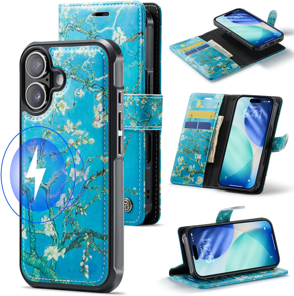 Casemania Hoesje Geschikt voor Apple iPhone 17 - Amandelbloesem Print - Van Gogh - Geschikt voor MagSafe - Kunstleer 2 in 1 Afneembare Bookcase - Magnetische Telefoonhoesje met Kunst Print en Pasjeshouder