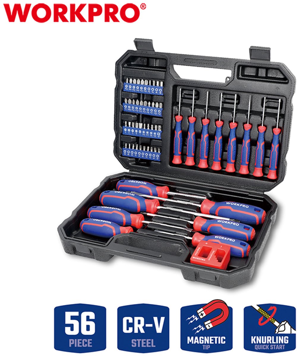 WORKPRO WP200518 Schroevendraaierset – 56-delig – Magnetisch – CR-V – Met Bits, Magnetizer & Opbergkoffer