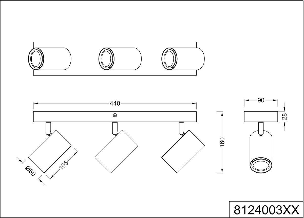 Spotlamp met 3x GU10 fittingen - Mat Zwart - Modern Design - 44 cm