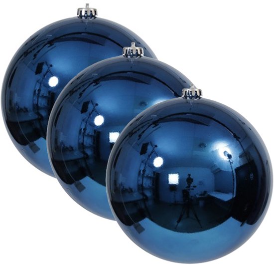 Trois grandes boules de Noël bleues foncées brillantes en plastique, 18 cm.
