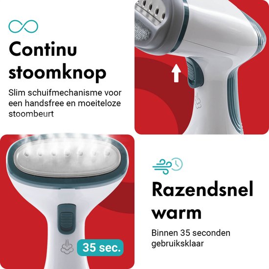 Close-up van de witte en turquoise handstomer die stoom produceert. Tekst: "Continu stoomknop" en "Razendsnel warm".