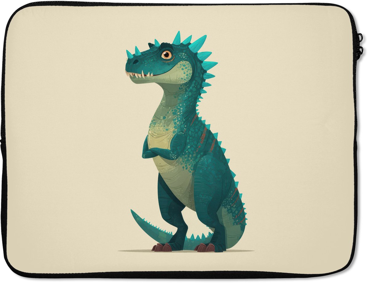 Laptophoes 17 inch - Dinosaurus - Turquoise - Stekels - Laptop sleeve - Binnenmaat 41x28 cm - Zwarte achterkant