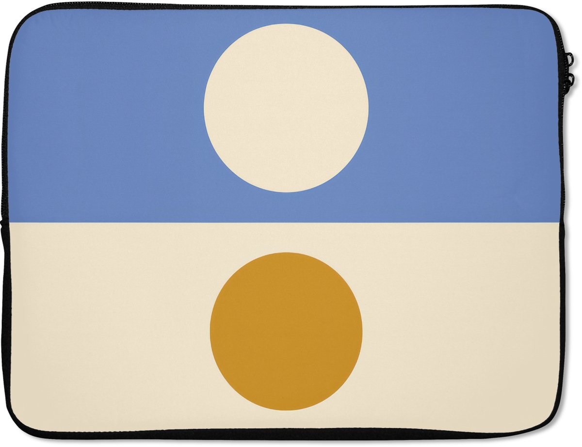 Laptophoes 17 inch - Cirkels - Symmetrisch - Wit - Blauw- Geel - Laptop sleeve - Binnenmaat 41x28 cm - Zwarte achterkant