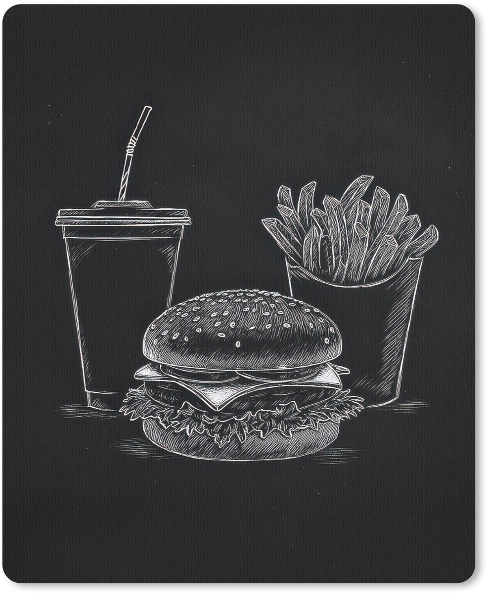 Muismat 19x23 cm - Mousepad Hamburger - Friet - Frisdrank - Krijttekening - Muismatten