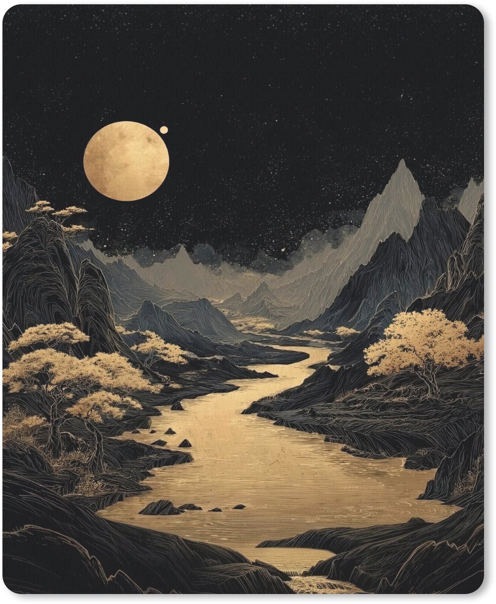 Muismat 19x23 cm - Mousepad Gouden rivier - Bergen - Maan - Sterrenhemel - Muismatten