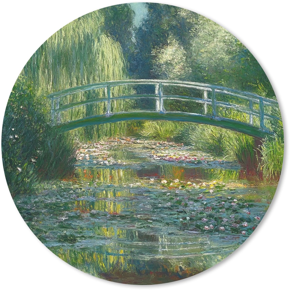 Muismat rond 40x40 cm - Mousepad Brug - Hout - Vijver - Waterlelies - Ronde muismatten