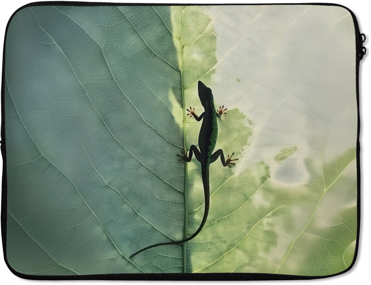 Laptophoes 17 inch - Hagedis - Blad - Nerven - Groen - Laptop sleeve - Binnenmaat 41x28 cm - Zwarte achterkant