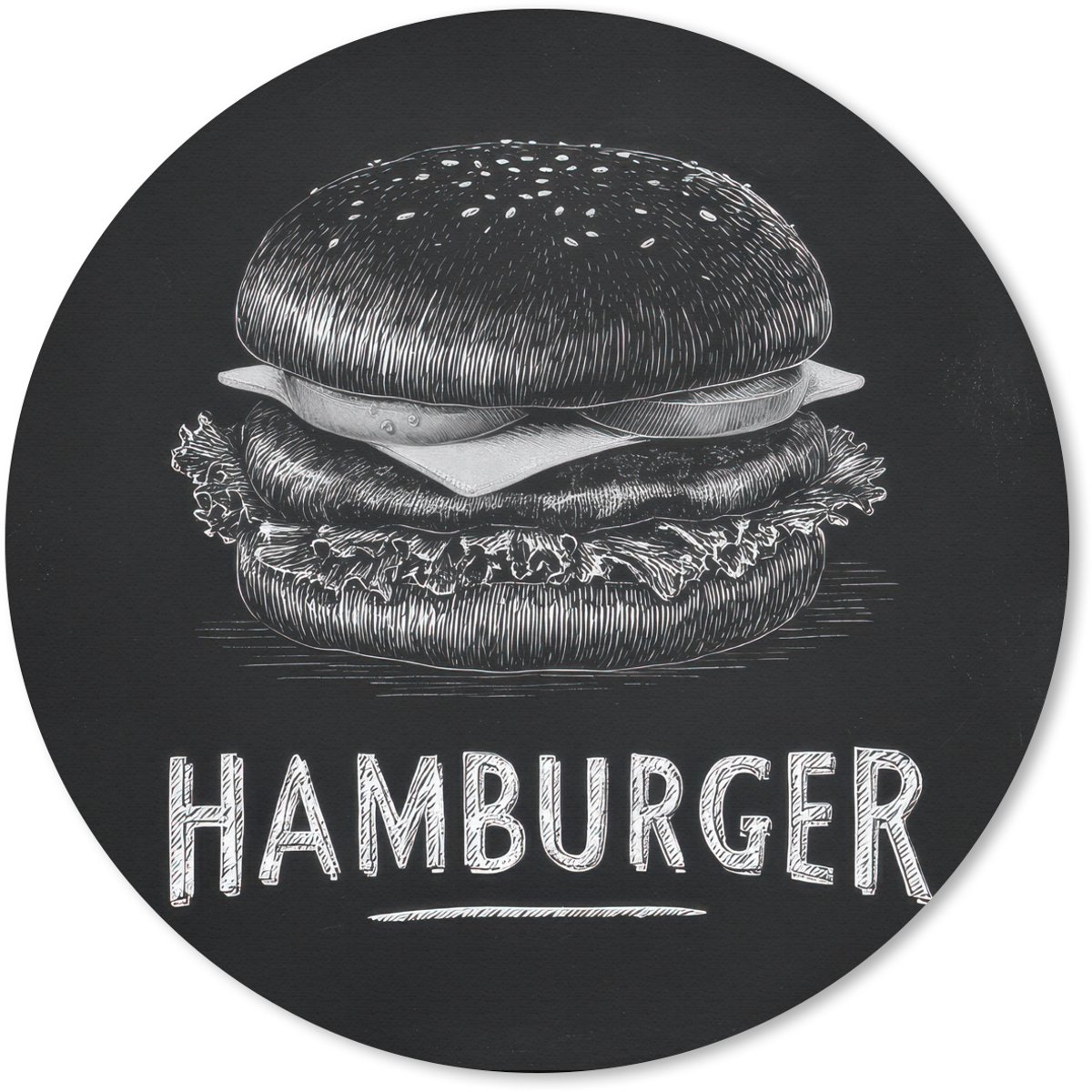 Muismat rond 40x40 cm - Mousepad Hamburger - Krijttekst - Zwart - Wit - Ronde muismatten