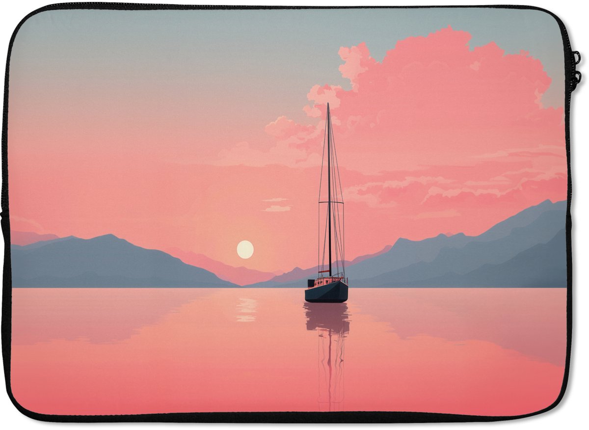 Laptophoes 14 inch - Zeilboot - Roze zee - Zonsondergang - Bergen - Laptop sleeve - Binnenmaat 33x23 cm - Zwarte achterkant