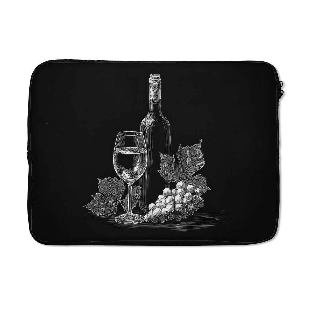 Laptophoes 14 inch - Wijnfles - Glas - Druiven - Bladeren - Laptop sleeve - Binnenmaat 33x23 cm - Zwarte achterkant