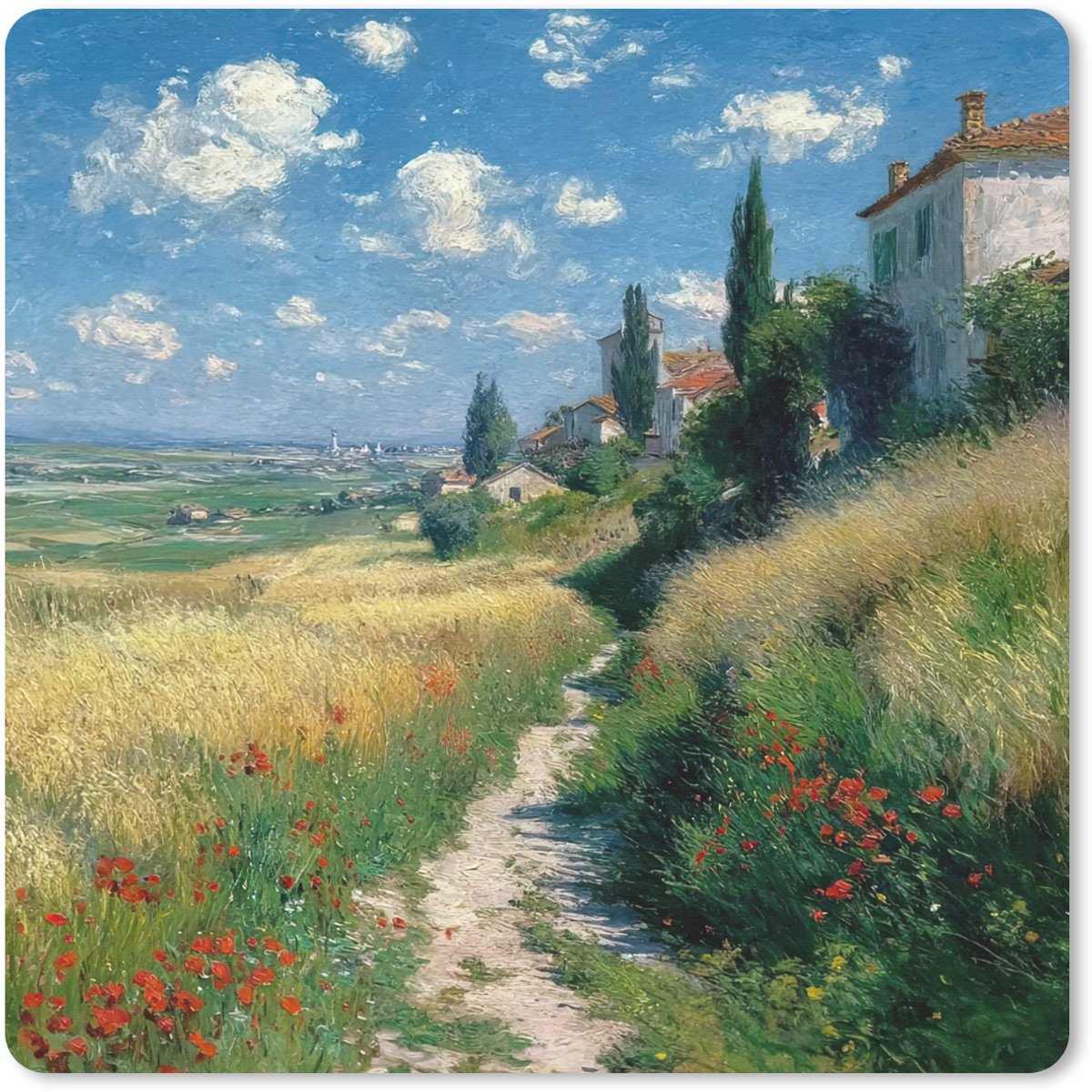 Muismat 30x30 cm - Mousepad Zandpad - Huis - Bomen - Grasveld - Muismatten