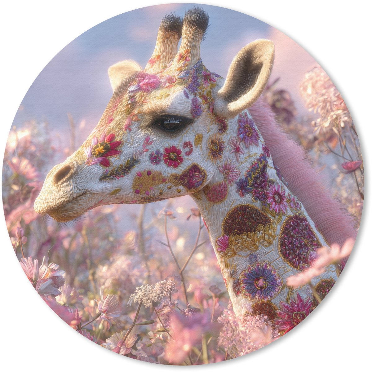 Muismat rond 20x20 cm - Mousepad Giraffe - Bloemen - Roze - Ronde muismatten