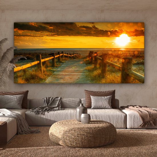 Canvas schilderij 200x100 cm - Wanddecoratie Zon - Strand - Duin - Horizon - Gras - Pad - Oranje - Muurdecoratie woonkamer - Slaapkamer decoratie - Kamer accessoires - Schilderijen op canvas
