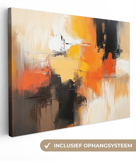 Gedetailleerde weergave van een abstract schilderij met oranje, gele, zwarte en crèmekleuren.