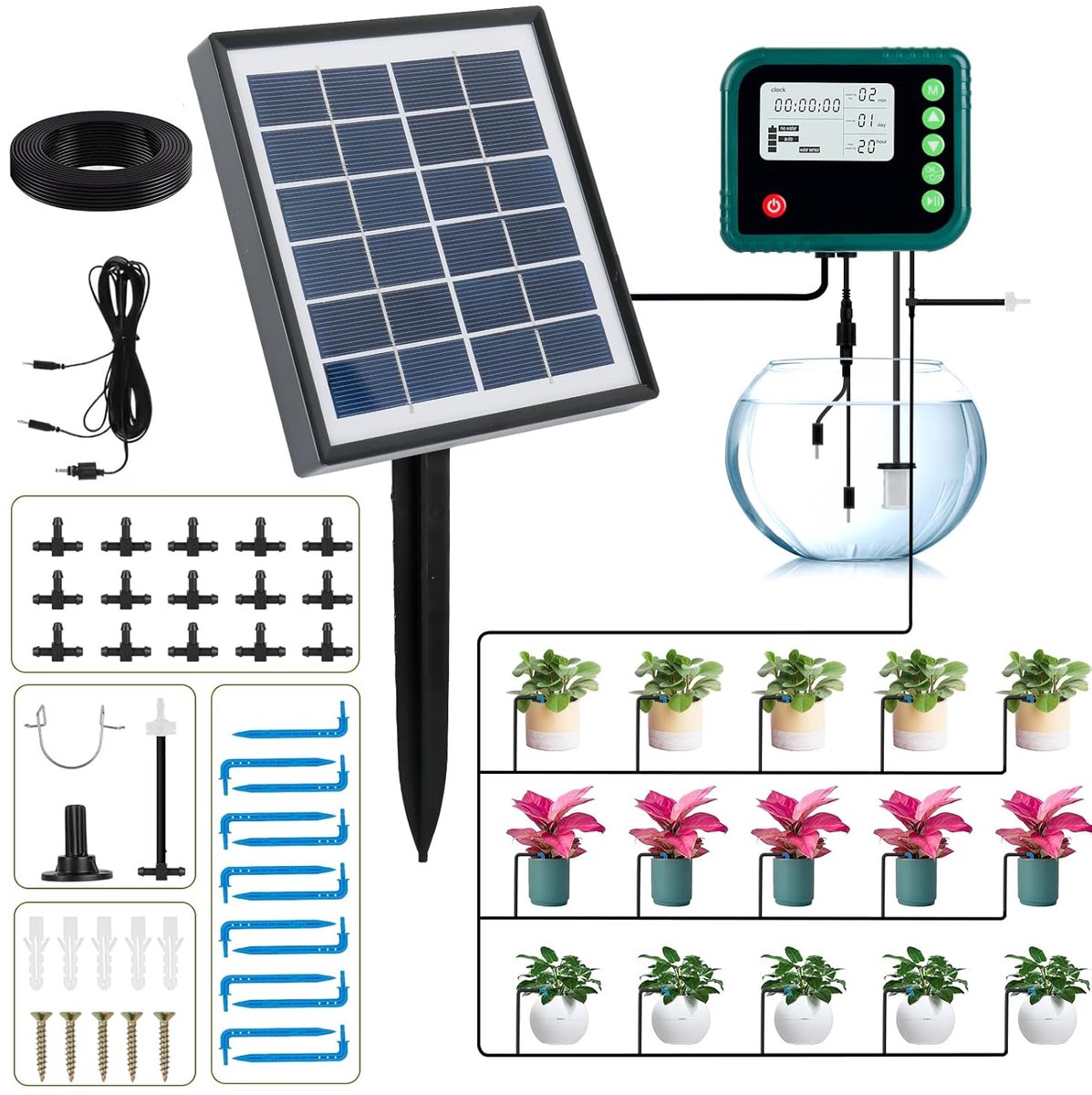Duurzaam automatisch irrigatiesysteem op zonne-energie met LED-scherm voor tuin en balkon