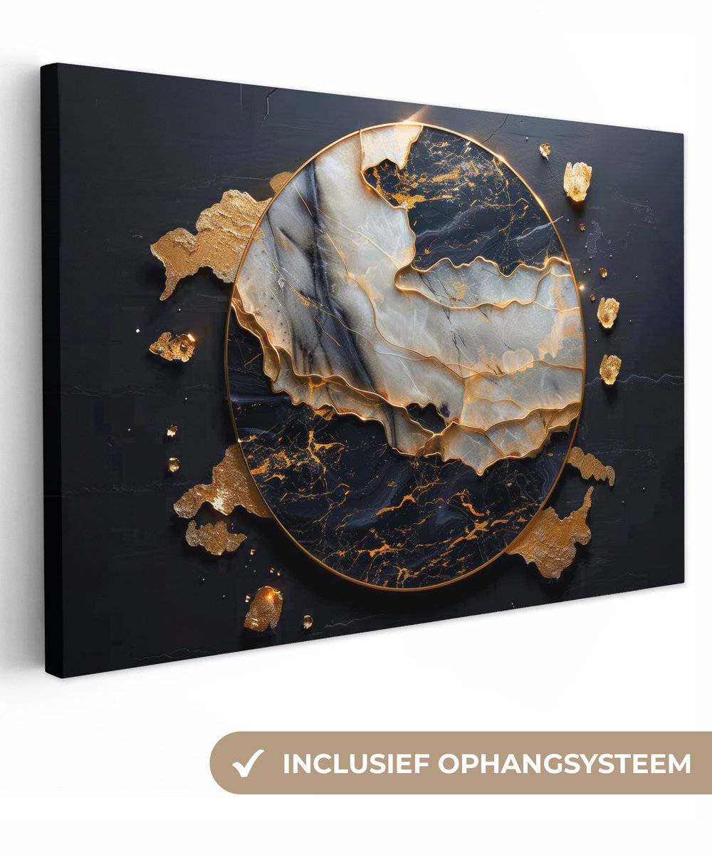 Canvas schilderij 120x80 cm - Wanddecoratie Kunst - Goud - Zwart - Modern - Abstract - Muurdecoratie woonkamer - Kamer decoratie modern - Abstracte schilderijen