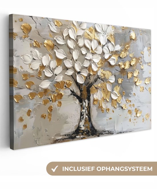 Canvas schilderij 90x60 cm - Wanddecoratie Boom - Beige - Grijs - Goud - Abstract - Muurdecoratie woonkamer - Slaapkamer decoratie - Kamer accessoires - Schilderijen op canvas