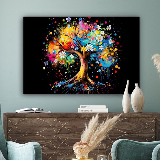 Peinture sur toile 120x80 cm - Décoration murale Arbre - Coloré - Fleurs - Zwart - Décoration murale murale salon - Décoration chambre - Accessoires de chambre - Peintures