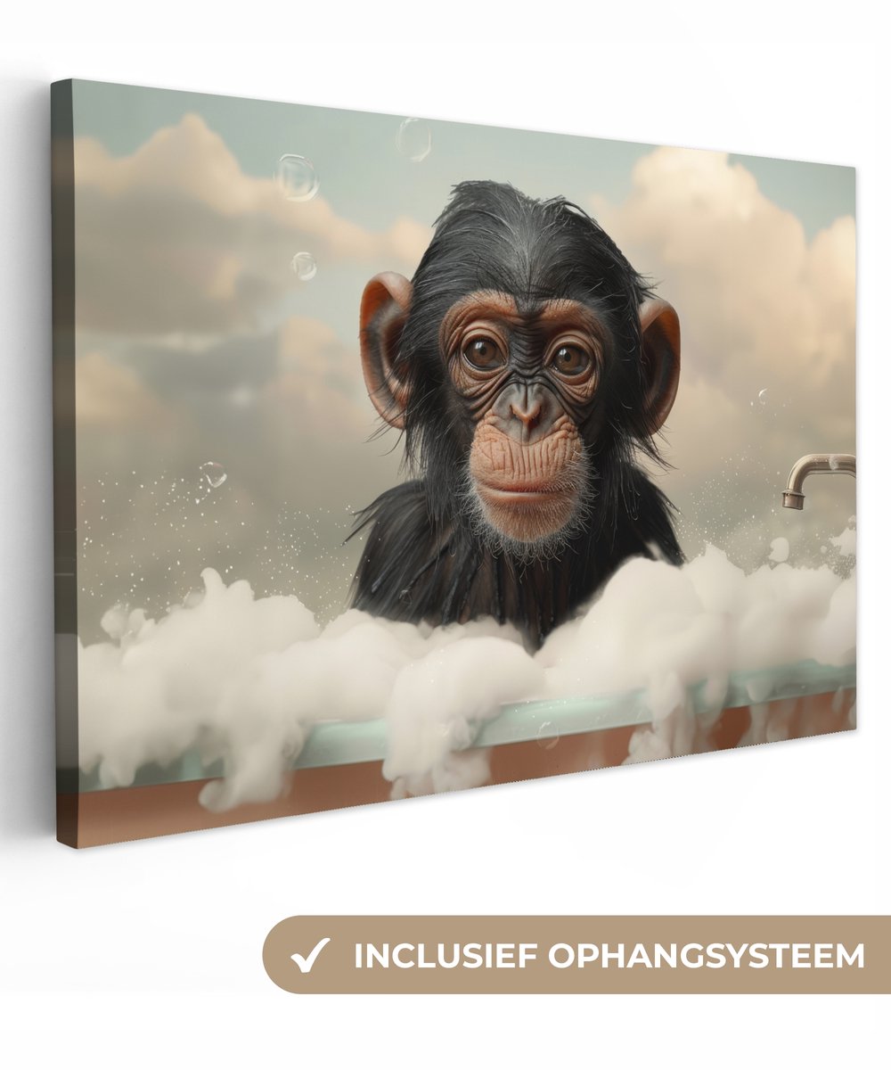Canvas schilderij 90x60 cm - Wanddecoratie badkamer Aap - Dieren - Bad - Schuim - Muurdeco