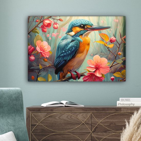 Peinture sur toile 60x40 cm - Décoration murale Martin-pêcheur - Fleur - Nature - Vogels - Fleurs - Décoration murale murale salon - Décoration chambre - Accessoires de chambre - Peintures