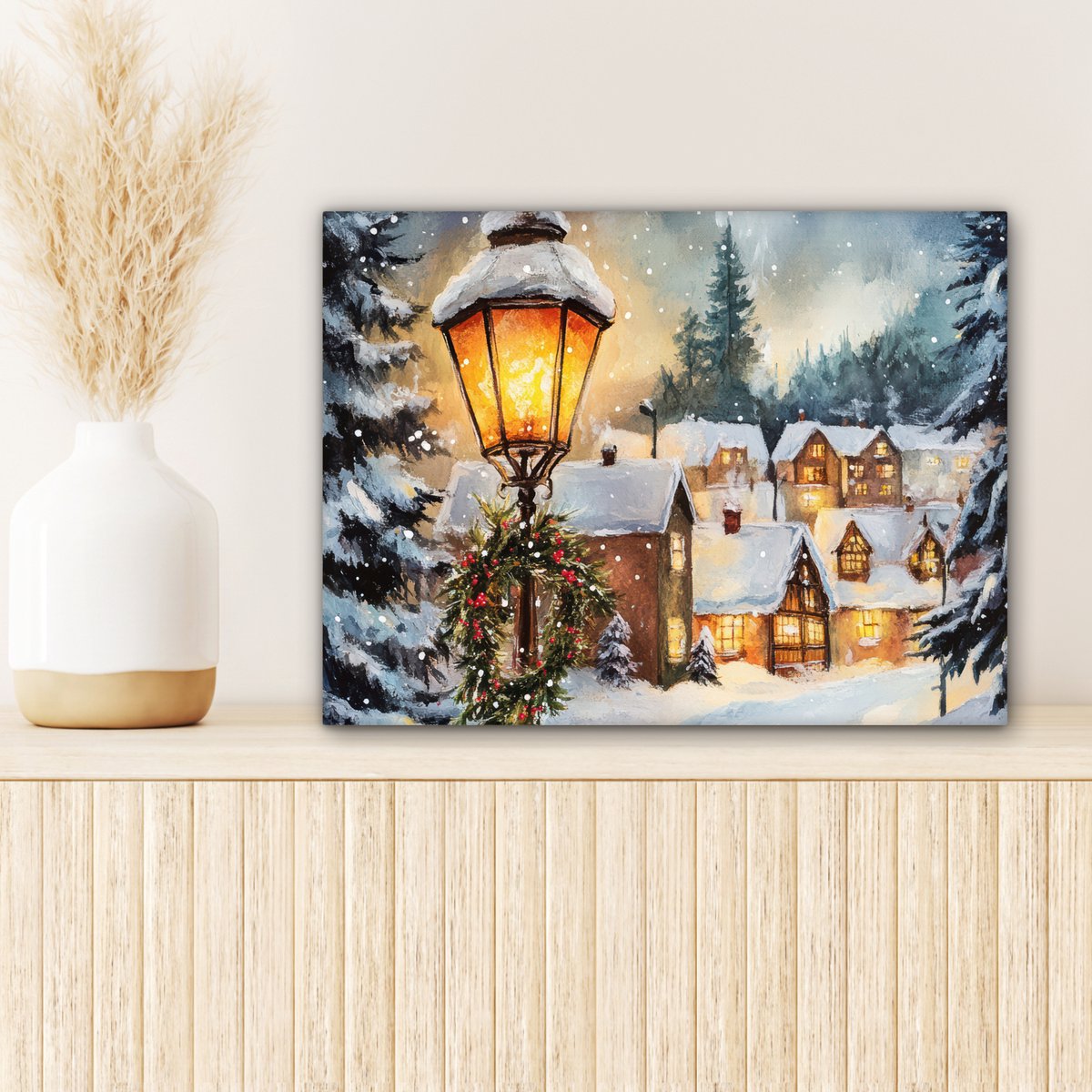 Canvas schilderij 40x30 cm - Wanddecoratie Kerstdorp - Huizen - Sneeuw - Kerst - Muurdecoratie woonkamer - Slaapkamer decoratie - Kamer accessoires - Schilderijen op canvas - Kerstdecoratie voor binnen - Kerstversiering - Kerstmis versiering – foto 2