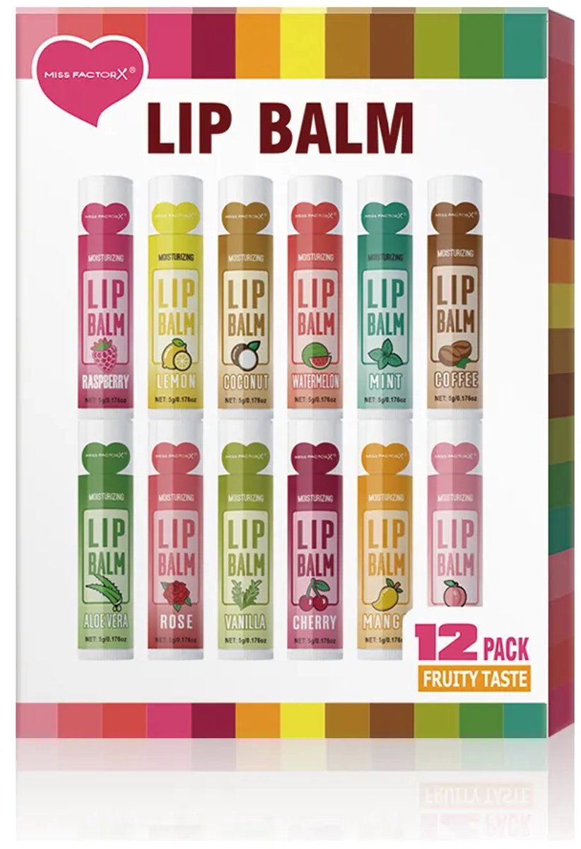 Miss Faxtor X Lipbalsem | Lipbalm | Lippenbalsem | Kers , Mango , Perzik , Bosbessen , Citroen , Watermeloen , Mint , Koffie , Aloevera , Rozen , Vanille , kokosnoot | Balsem voor lippen - lip | 12X Smaken | Cadeau Tip!