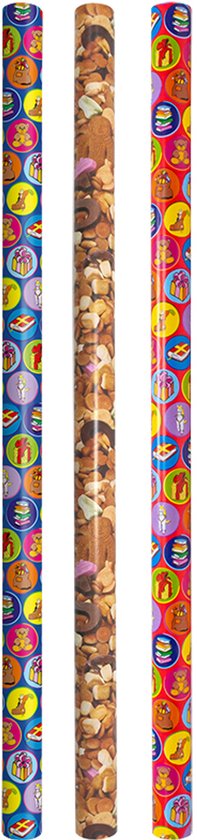 Sinterklaas inpakpapier - Plastic vrij cadeaupapier - 2 meter x 70 cm - 3 rollen sinterklaaspapier met naamlabels