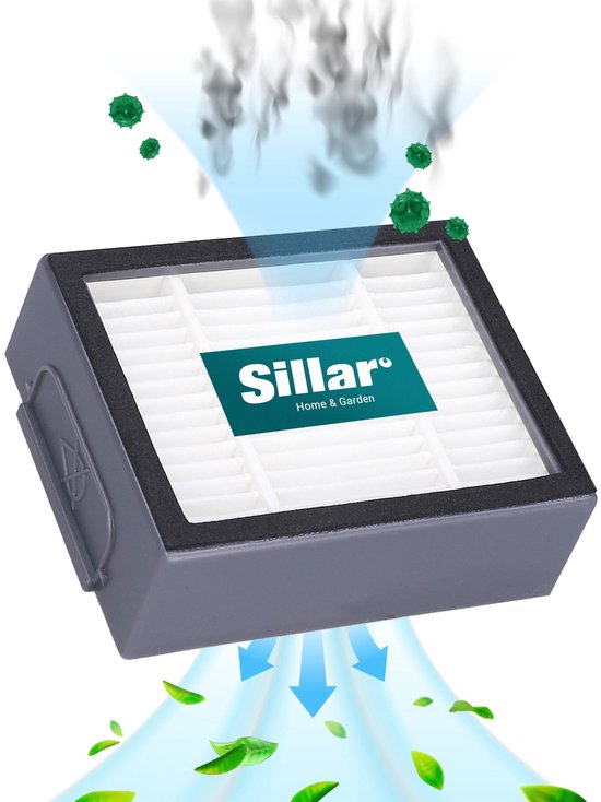Sillar stofzuigerfilter met grijze rand, wit filtermateriaal en blauwe luchtstroompijlen.