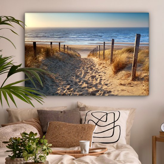 Toile - Dune - Plage - Mer - Coucher de soleil - Herbe - Toile - 140x90 cm - Peintures sur toile - Peinture sur toile