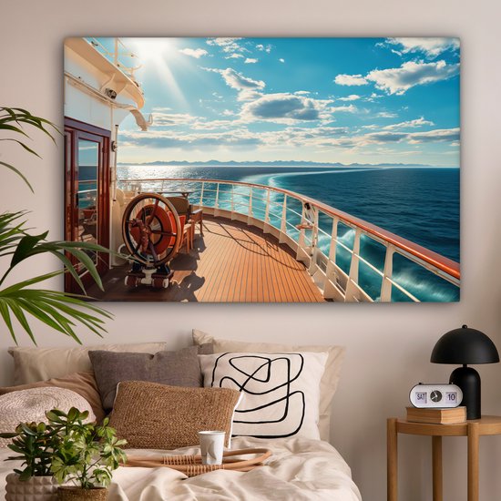 Tableau sur toile Bateau - Water - Mer - Navigation - Montagnes - Soleil - Maritime - 180x120 cm - Décoration murale XXL