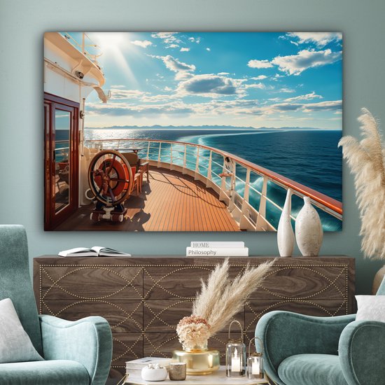 Tableau sur toile Bateau - Water - Mer - Navigation - Montagnes - Soleil - Maritime - 180x120 cm - Décoration murale XXL