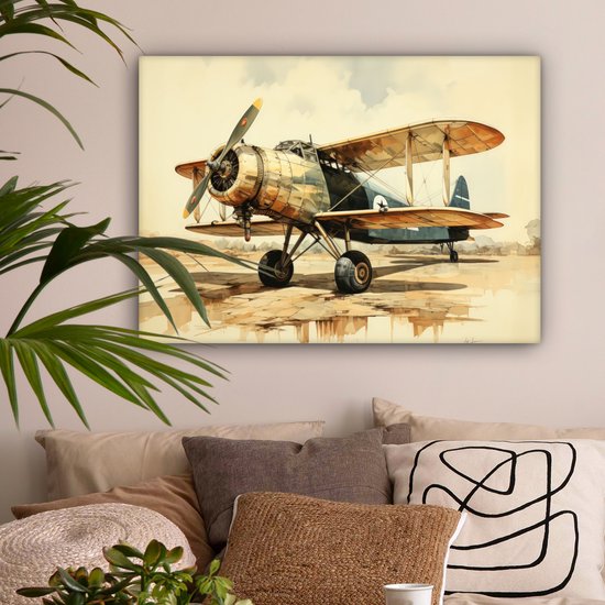 Peinture sur toile 80x60 cm - Décoration murale Vintage - Avion - Water - Beige - Véhicule - Décoration murale salon - Décoration chambre - Accessoires de chambre - Peintures