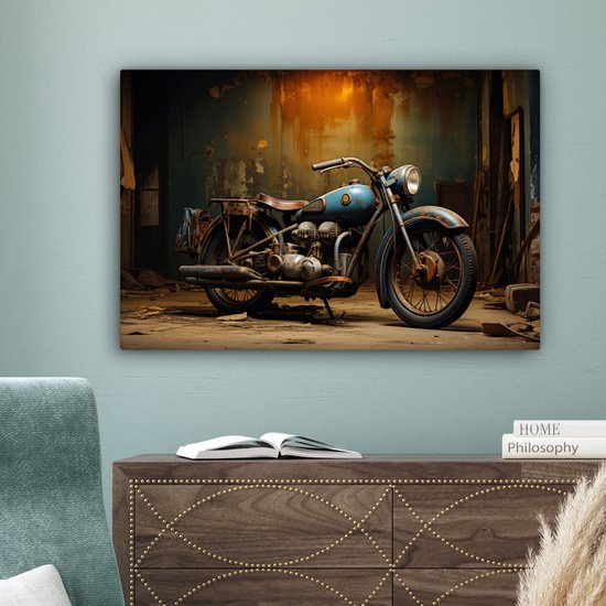 Peinture sur toile 60x40 cm - Décoration murale Vintage - Moteur - Blauw - Ancien - Garage - Décoration murale murale salon - Décoration chambre - Accessoires de chambre - Peintures