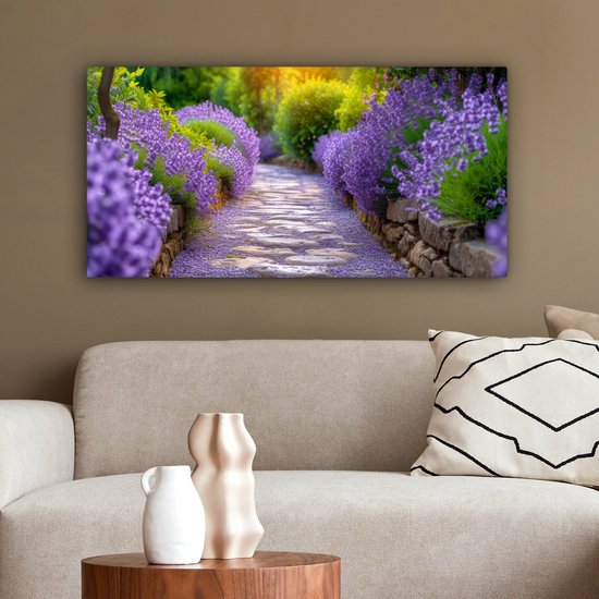 Peinture sur toile 80x40 cm - Décoration murale Fleurs - Allée - lavande - Jardin - Décoration murale murale salon - Décoration chambre - Accessoires de chambre - Peintures