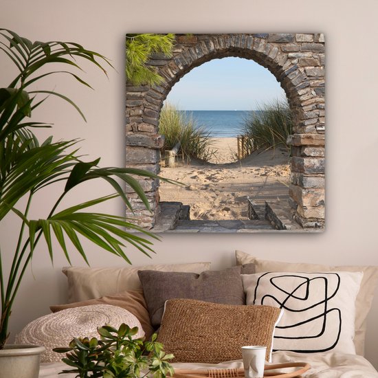 Canvas schilderij 90x90 cm - Wanddecoratie Doorkijk - Strand - Duin - Planten - Muurdecoratie woonkamer - Slaapkamer decoratie - Kamer accessoires - Schilderijen op canvas