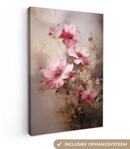 Zijaanzicht van een schilderij met roze bloemen, inclusief ophangsysteem.
